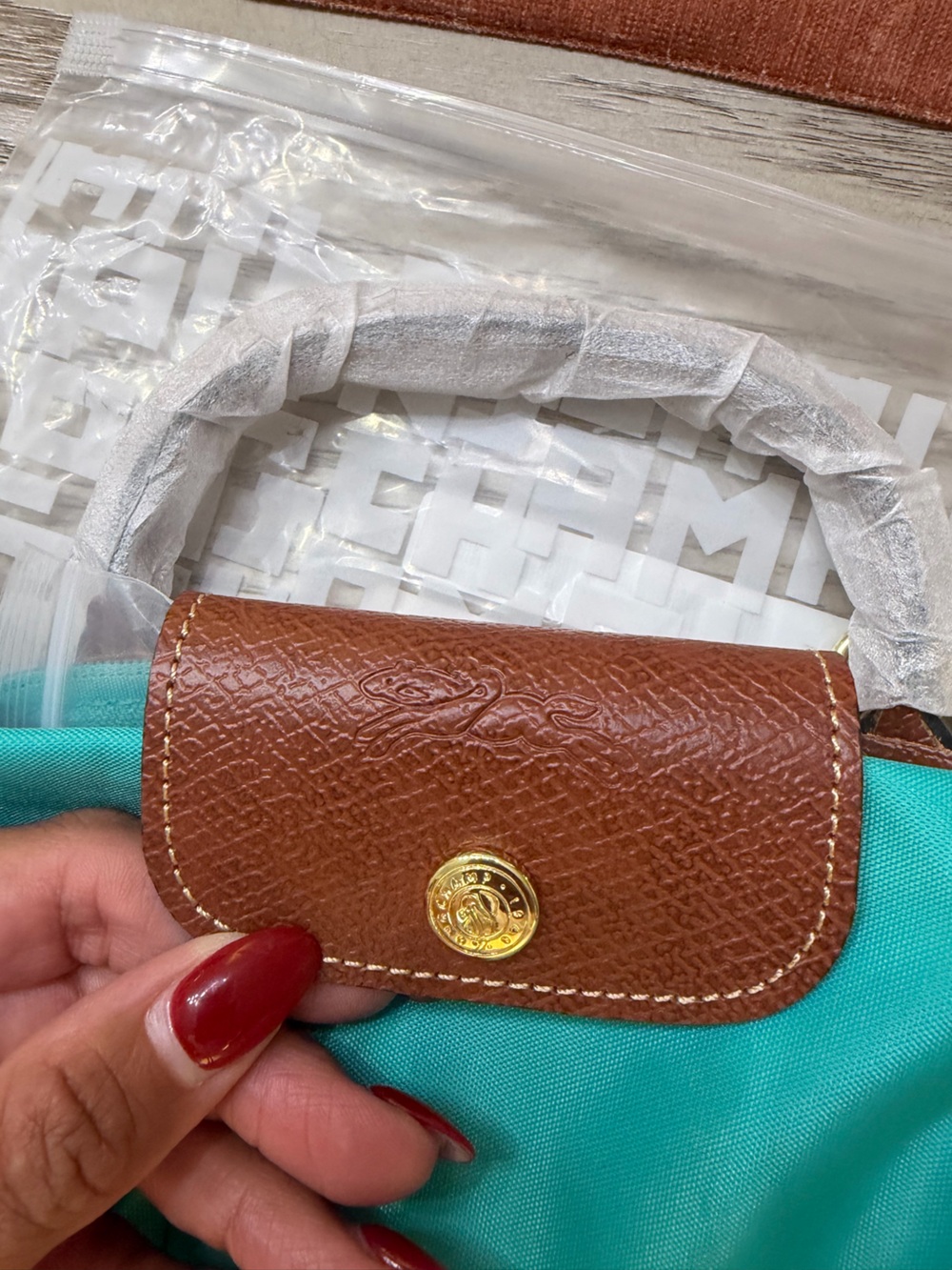 SMALL Longchamp Turquoise Nylon Tote with Brown Leather Trim - Picture 4 of 8